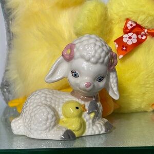Vintage Ceramic Lamb Figurine with Yellow Duckling